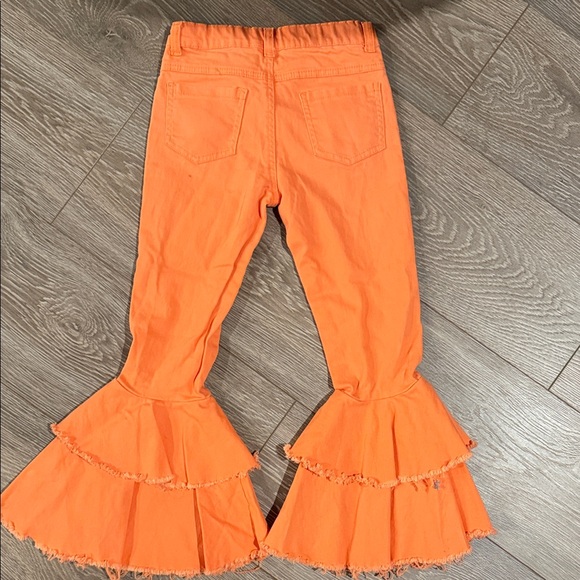Orange Flared Ruffle Bell Bottom Pants Raw Distressed Hem - Picture 4 of 4